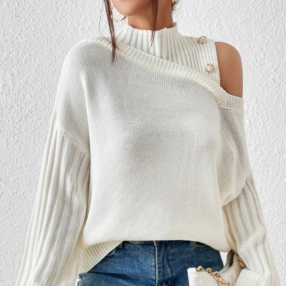 Beige Asymmetrical Neck Drop Shoulder Sweater - Picture 4 of 5